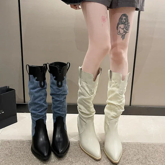 New Fashion Denim Vintage Pointed Pleated Platform Knee High Boots