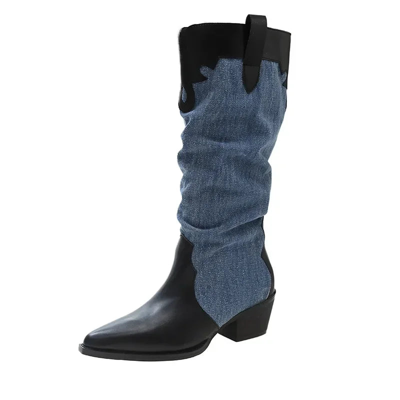 New Fashion Denim Vintage Pointed Pleated Platform Knee High Boots
