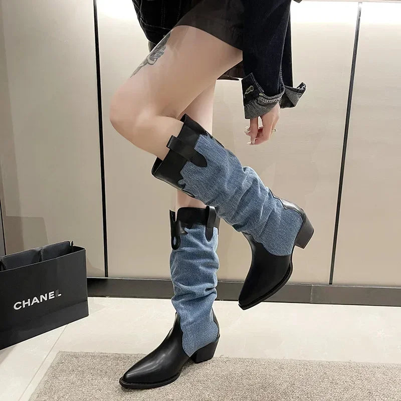 New Fashion Denim Vintage Pointed Pleated Platform Knee High Boots