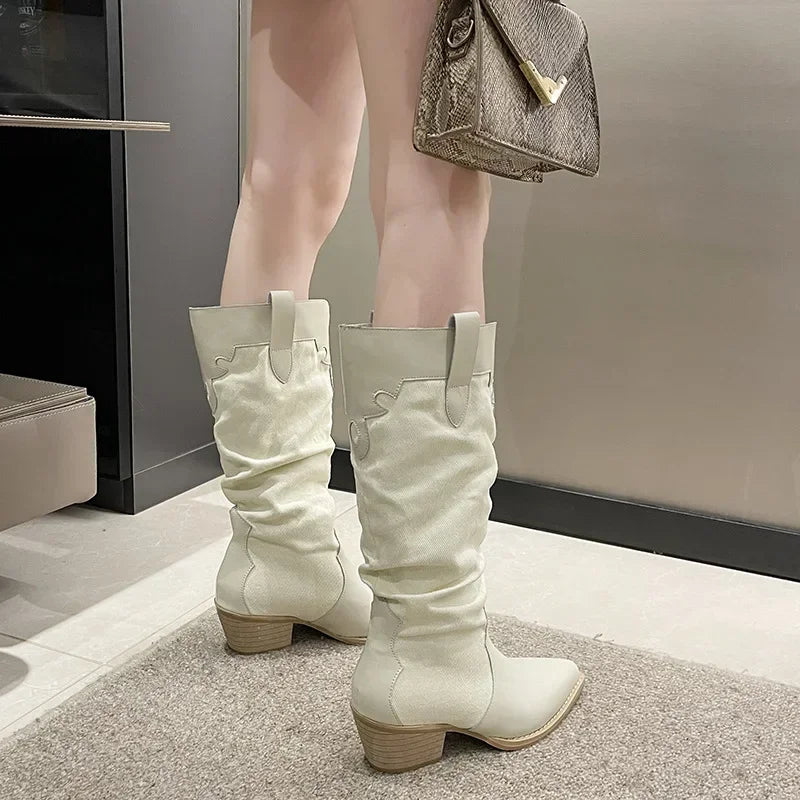 New Fashion Denim Vintage Pointed Pleated Platform Knee High Boots