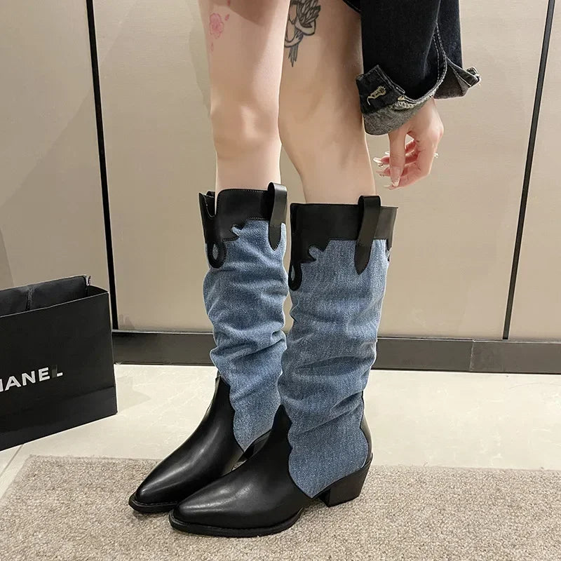 New Fashion Denim Vintage Pointed Pleated Platform Knee High Boots
