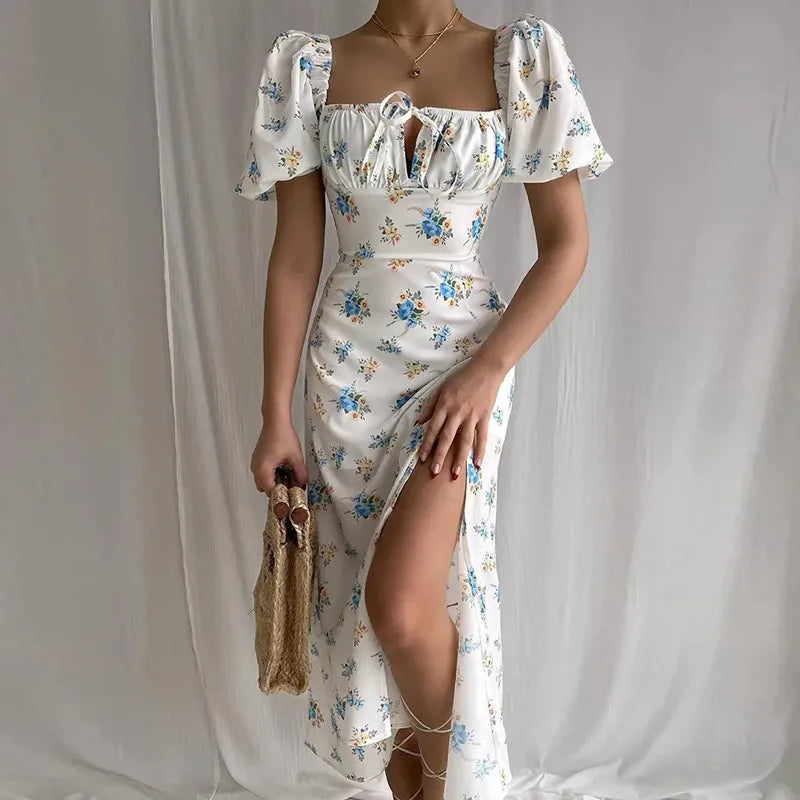 Floral Spring French Backless Slim-fit Halter Trending Midi Dresses