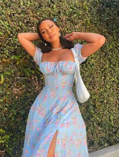 Floral Spring French Backless Slim-fit Halter Trending Midi Dresses