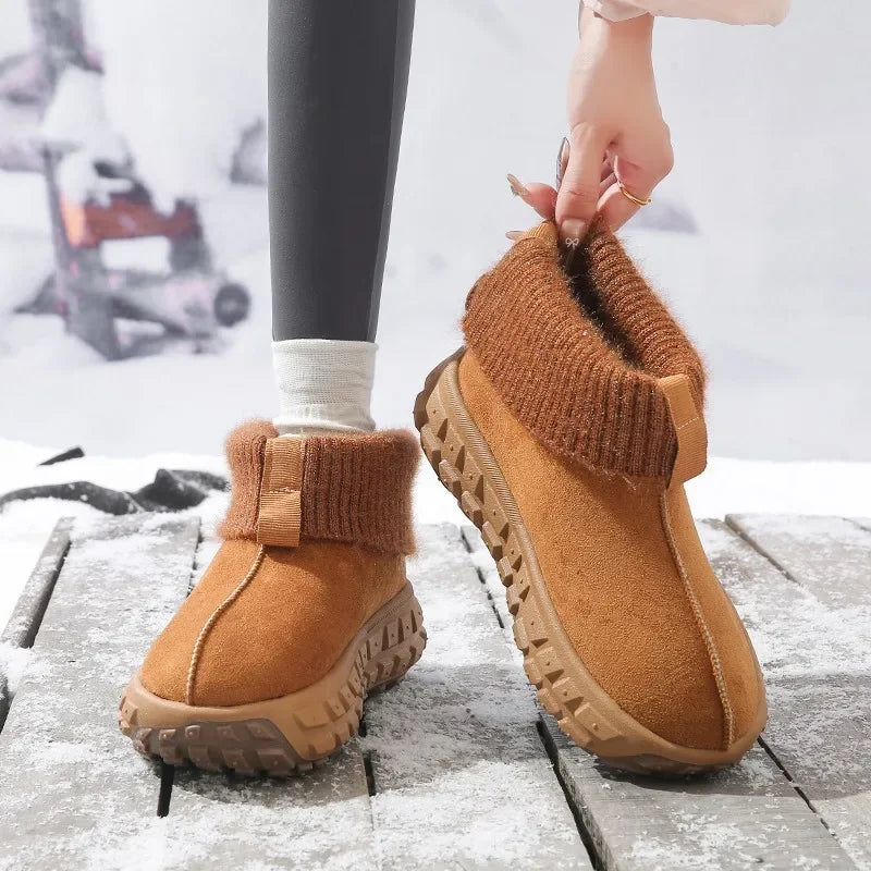 Women's Knitted Cuffed Snow Boots New Winter Cold-proof and Warm Fur Boots Non-slip Thick-soled Ladies Cotton Shoes Zapatos