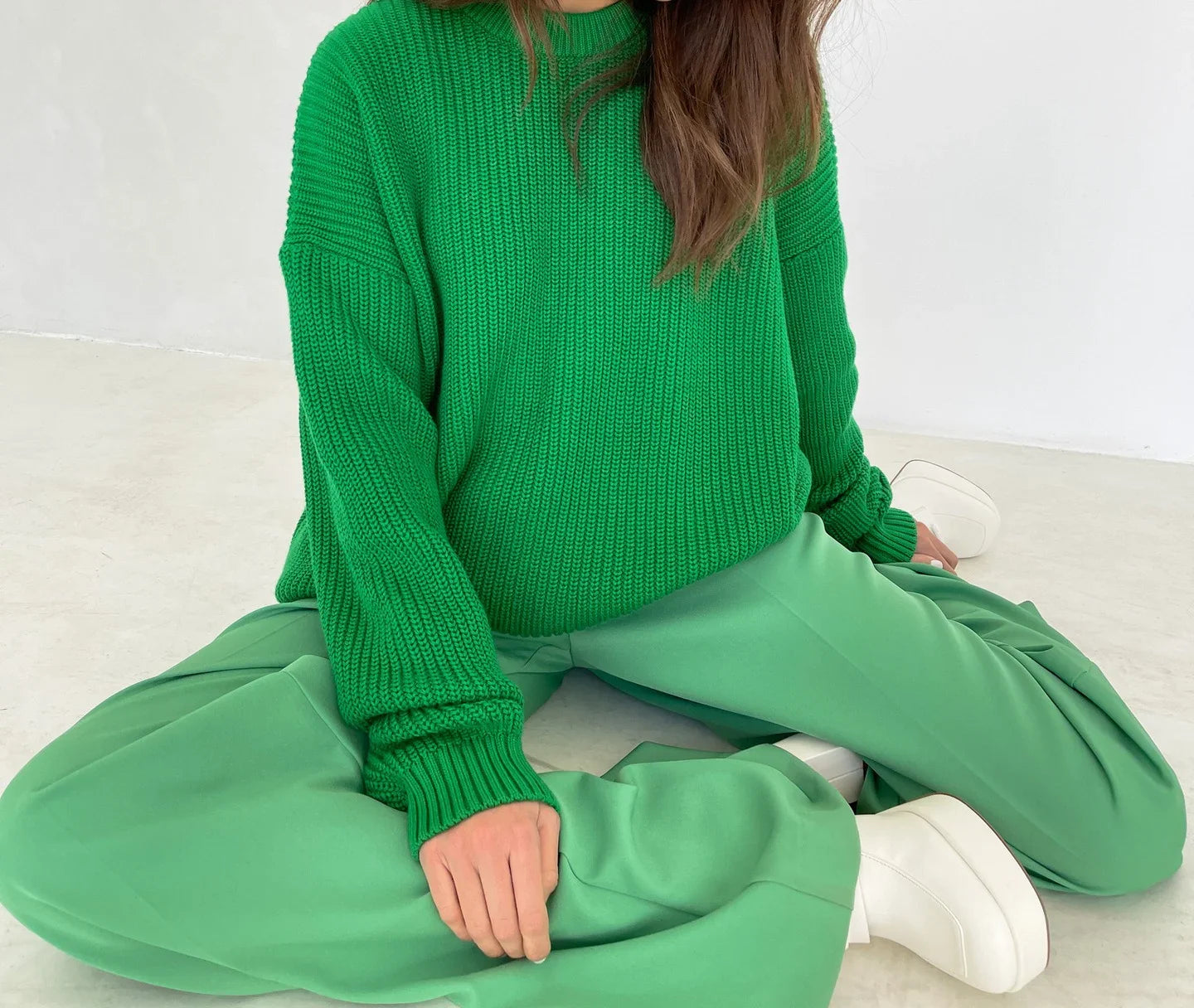 Warm Vintage Green Knitted Oversized Thick Loose White Sweater