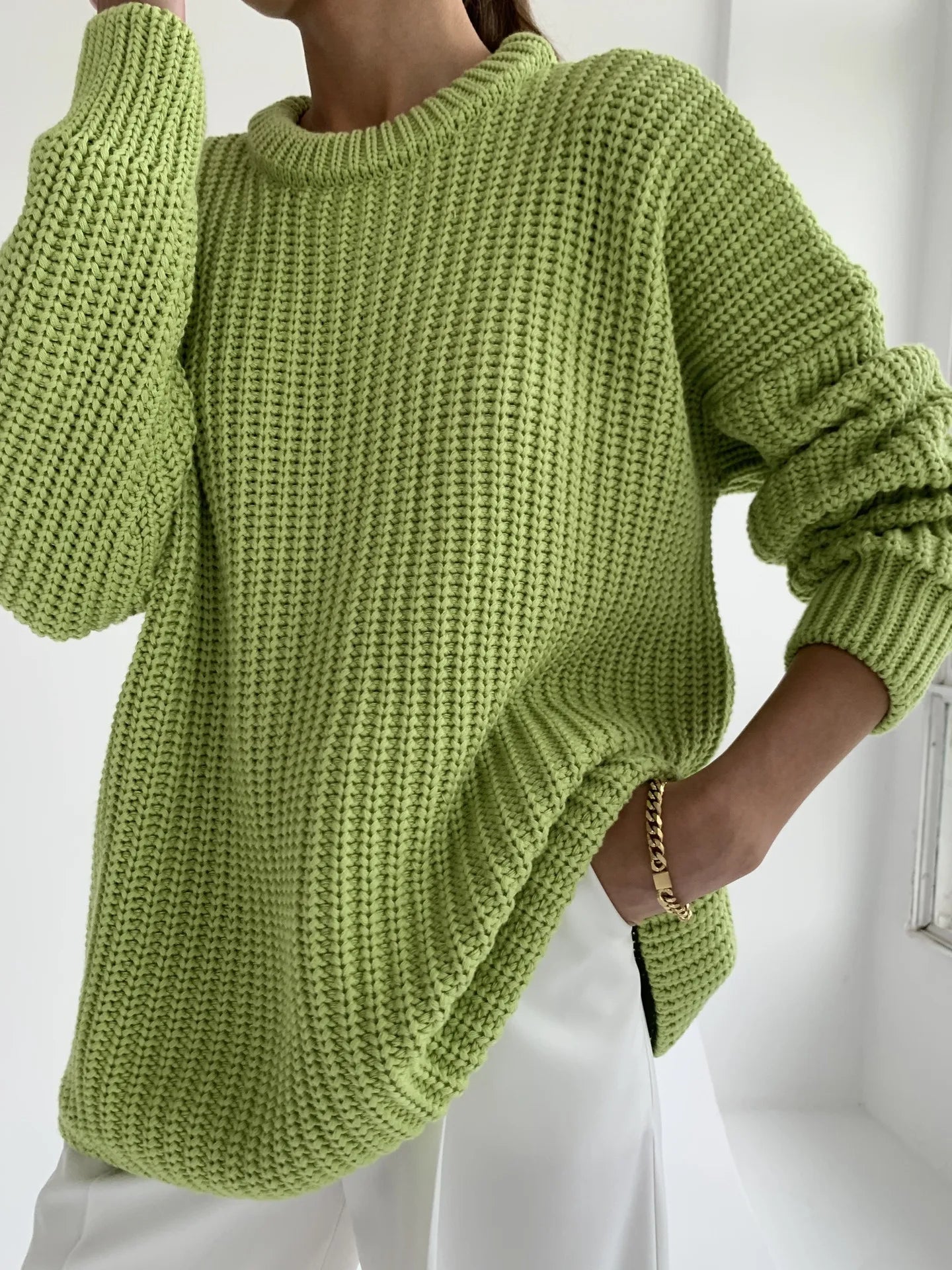 Warm Vintage Green Knitted Oversized Thick Loose White Sweater