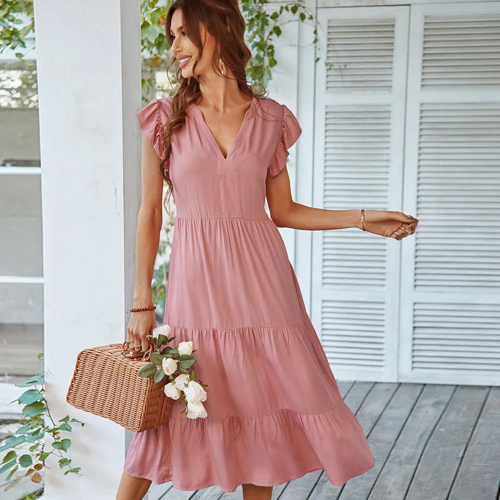 Flying V Neck Midi Dress