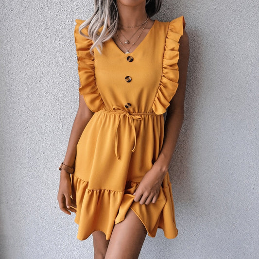 V Neck Ruffled Single Breasted Dress