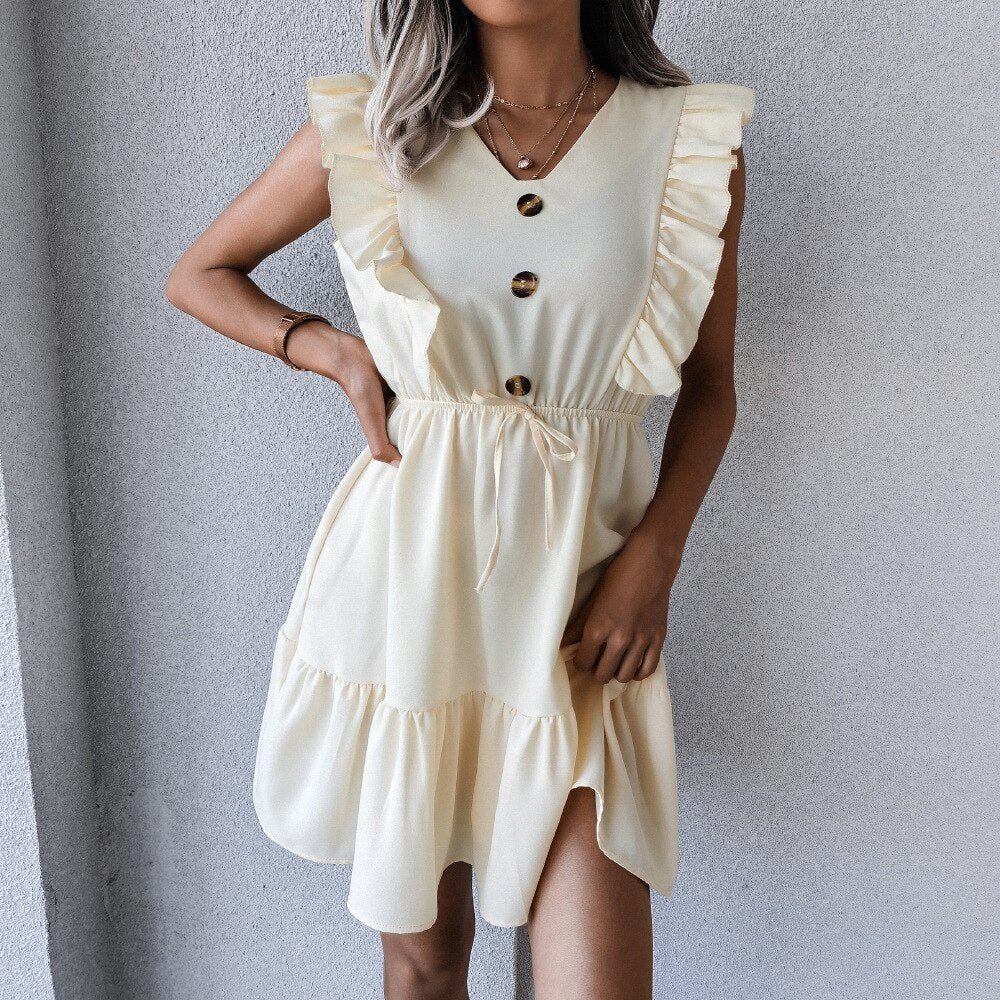 V Neck Ruffled Single Breasted Dress
