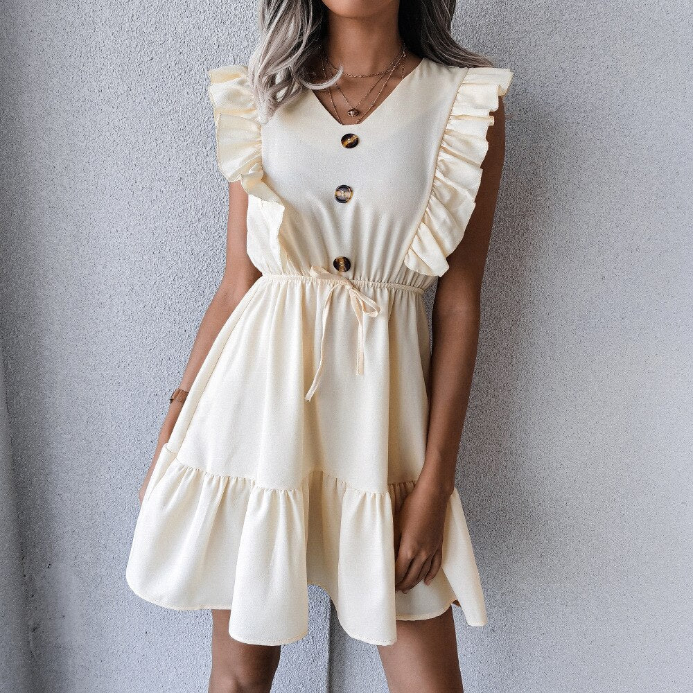 V Neck Ruffled Single Breasted Dress