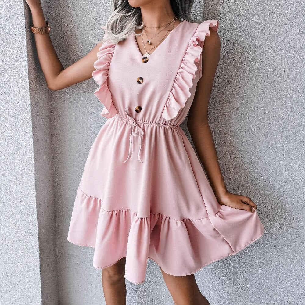 V Neck Ruffled Single Breasted Dress