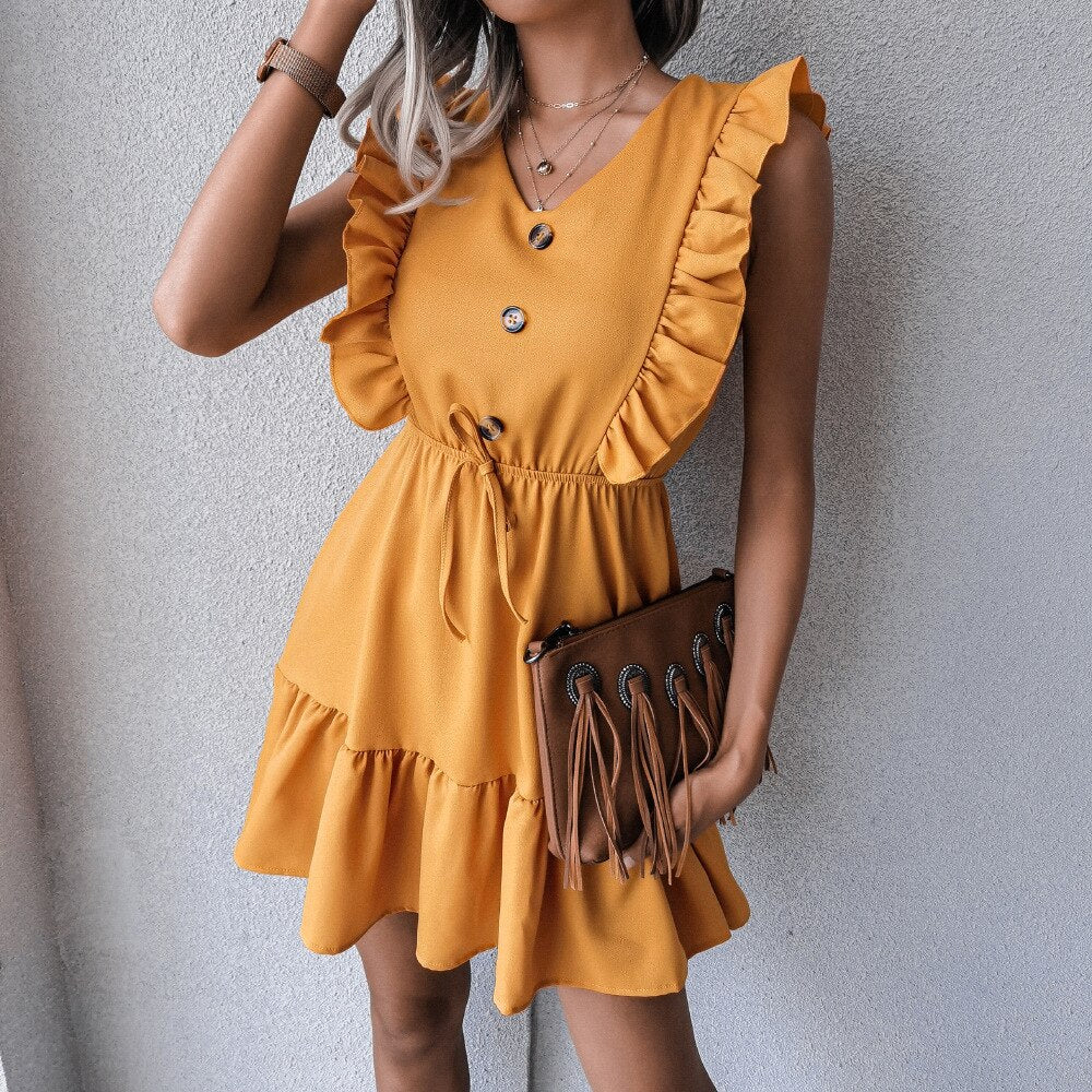V Neck Ruffled Single Breasted Dress