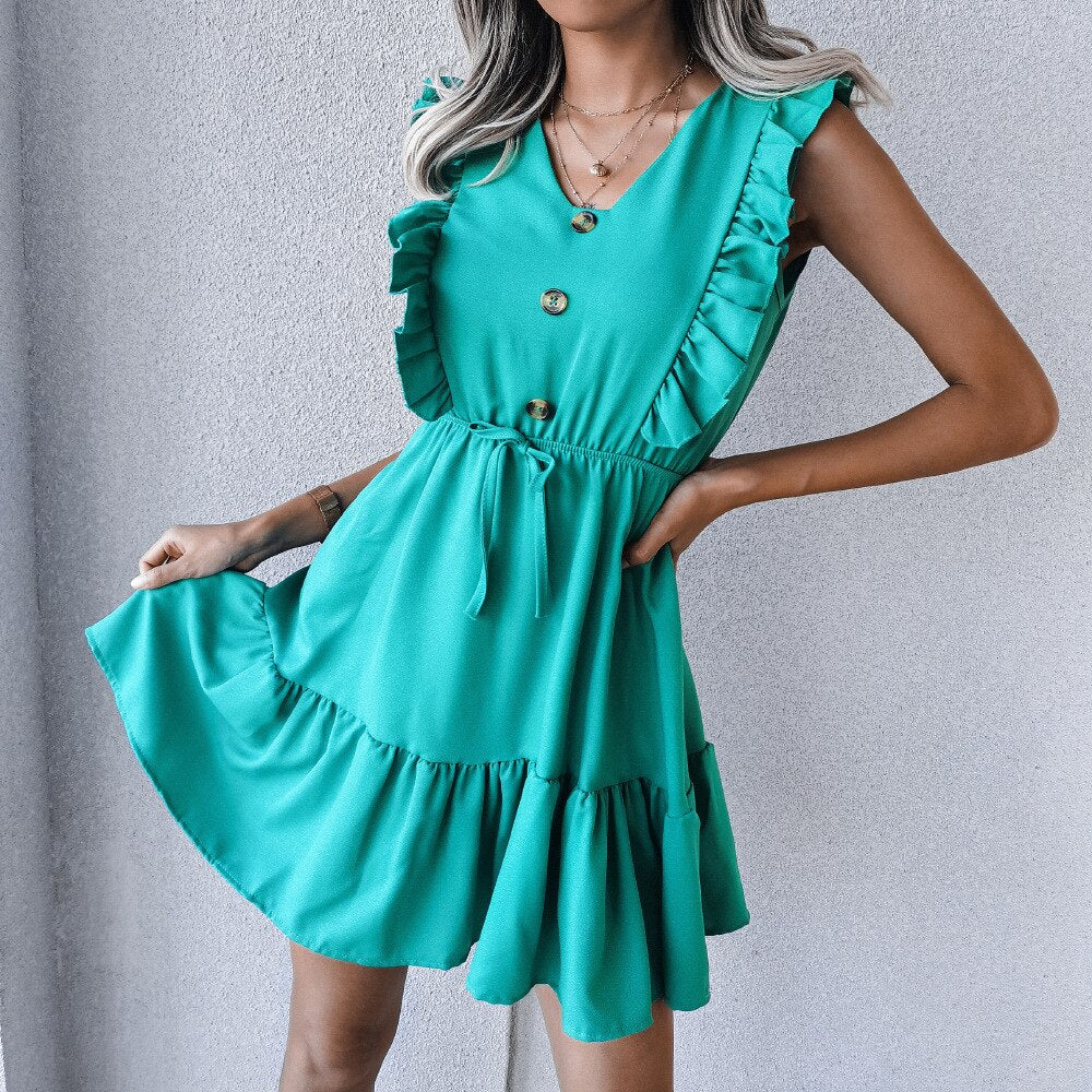 V Neck Ruffled Single Breasted Dress