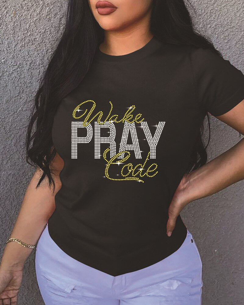 Casual Bricked Letter Print T-Shirts