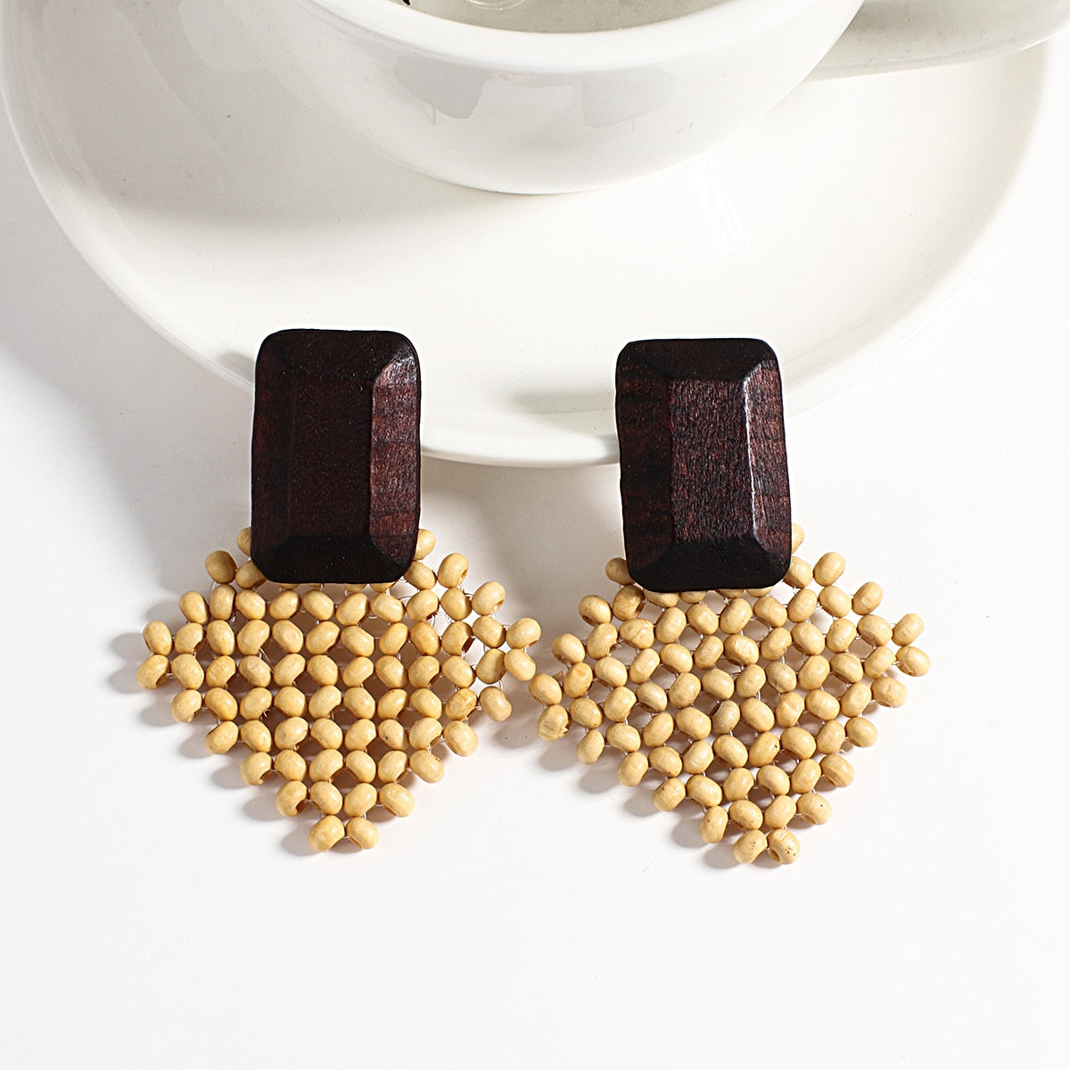Wooden Beads and Rattan Boho Earrings