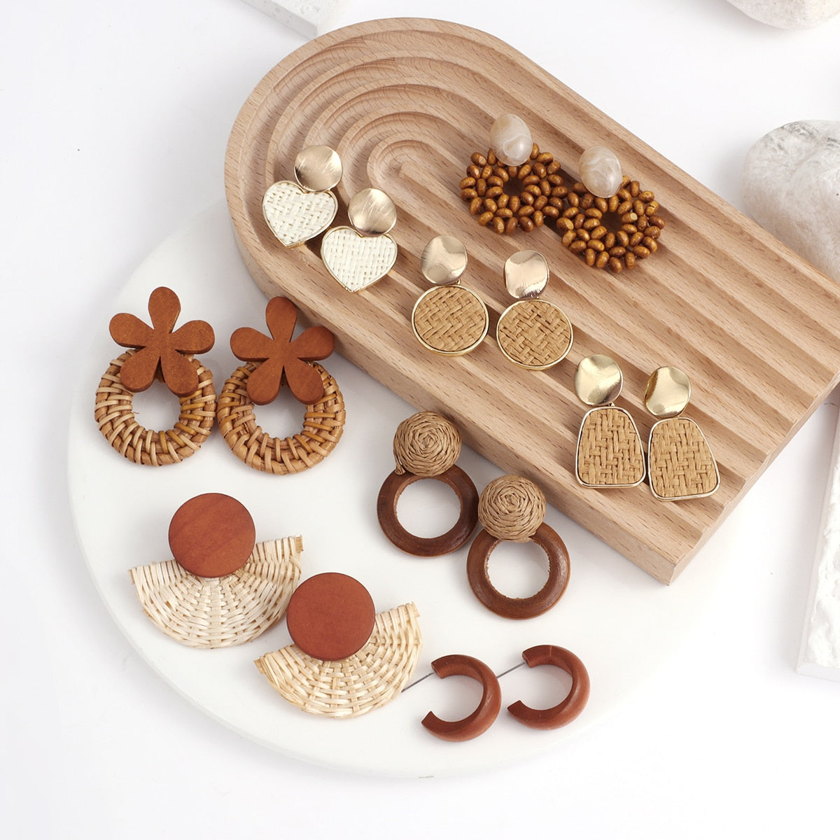 Wooden Beads and Rattan Boho Earrings