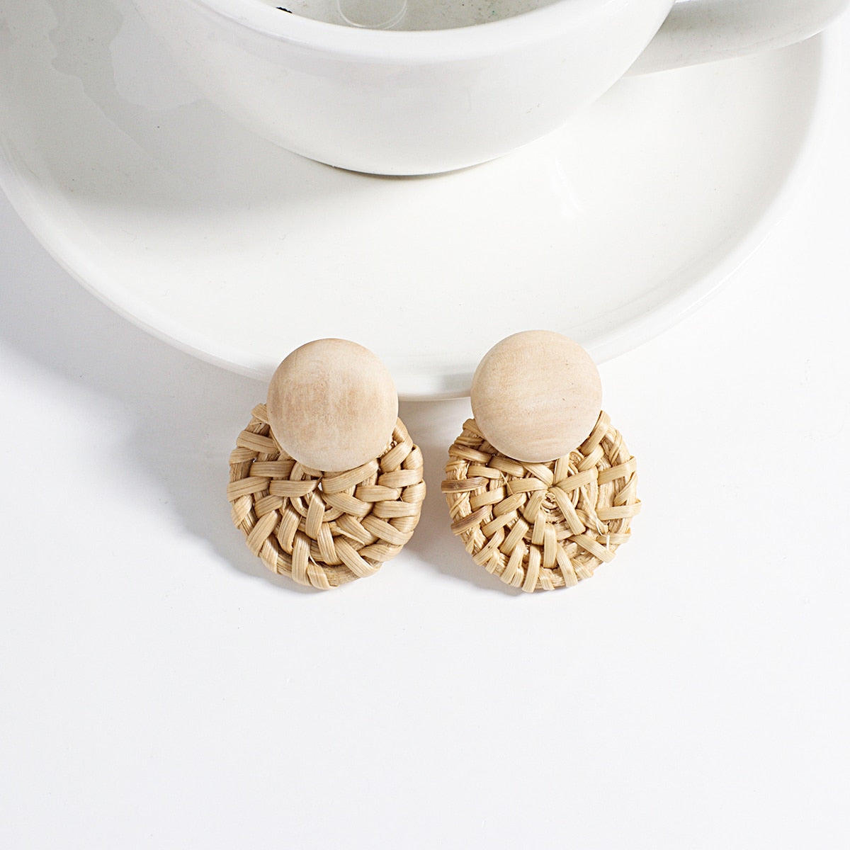 Wooden Beads and Rattan Boho Earrings