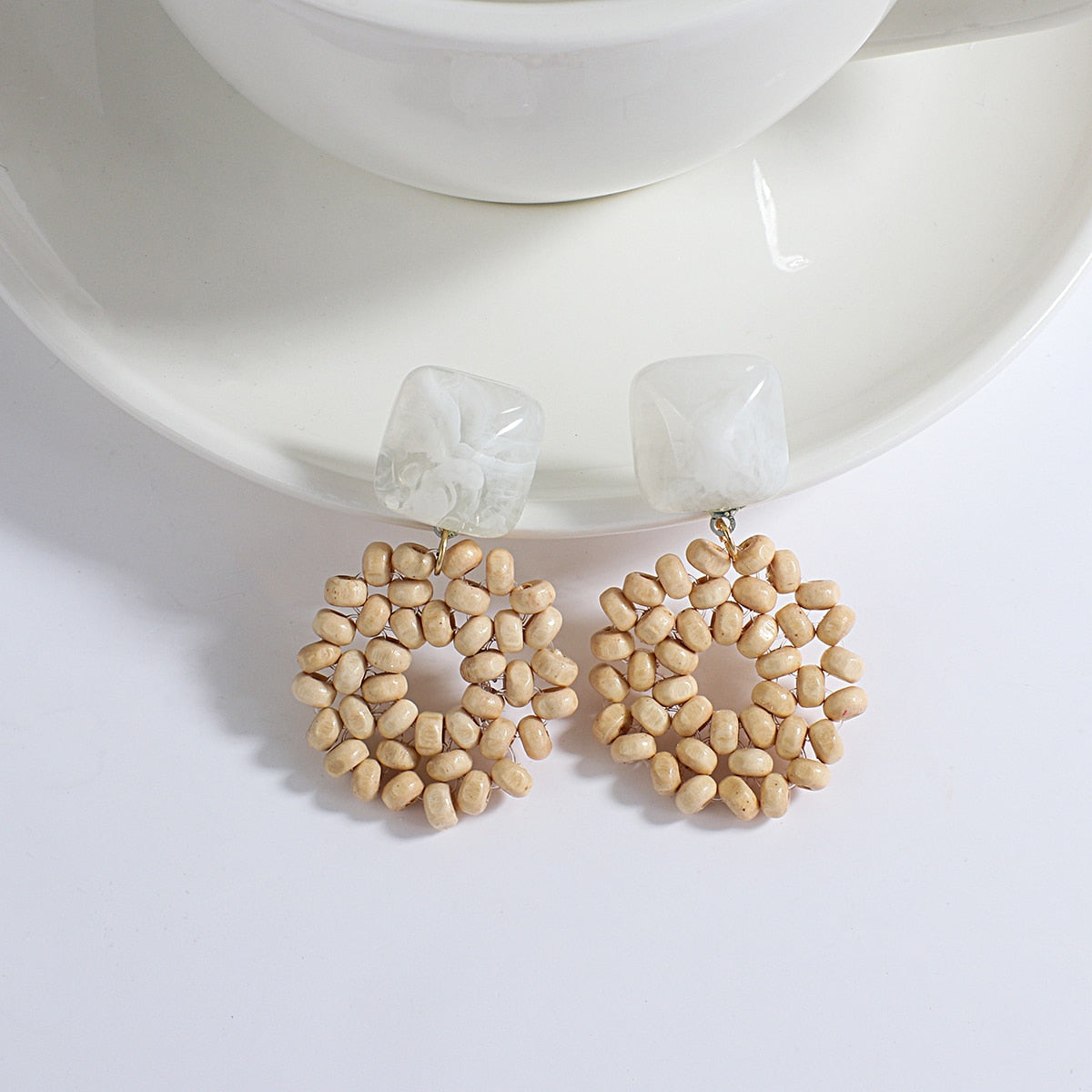Wooden Beads and Rattan Boho Earrings