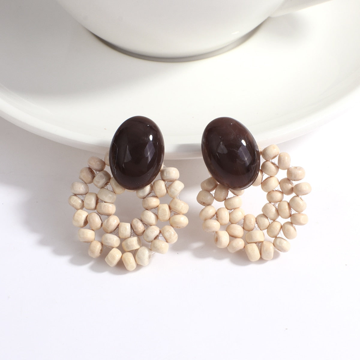 Wooden Beads and Rattan Boho Earrings
