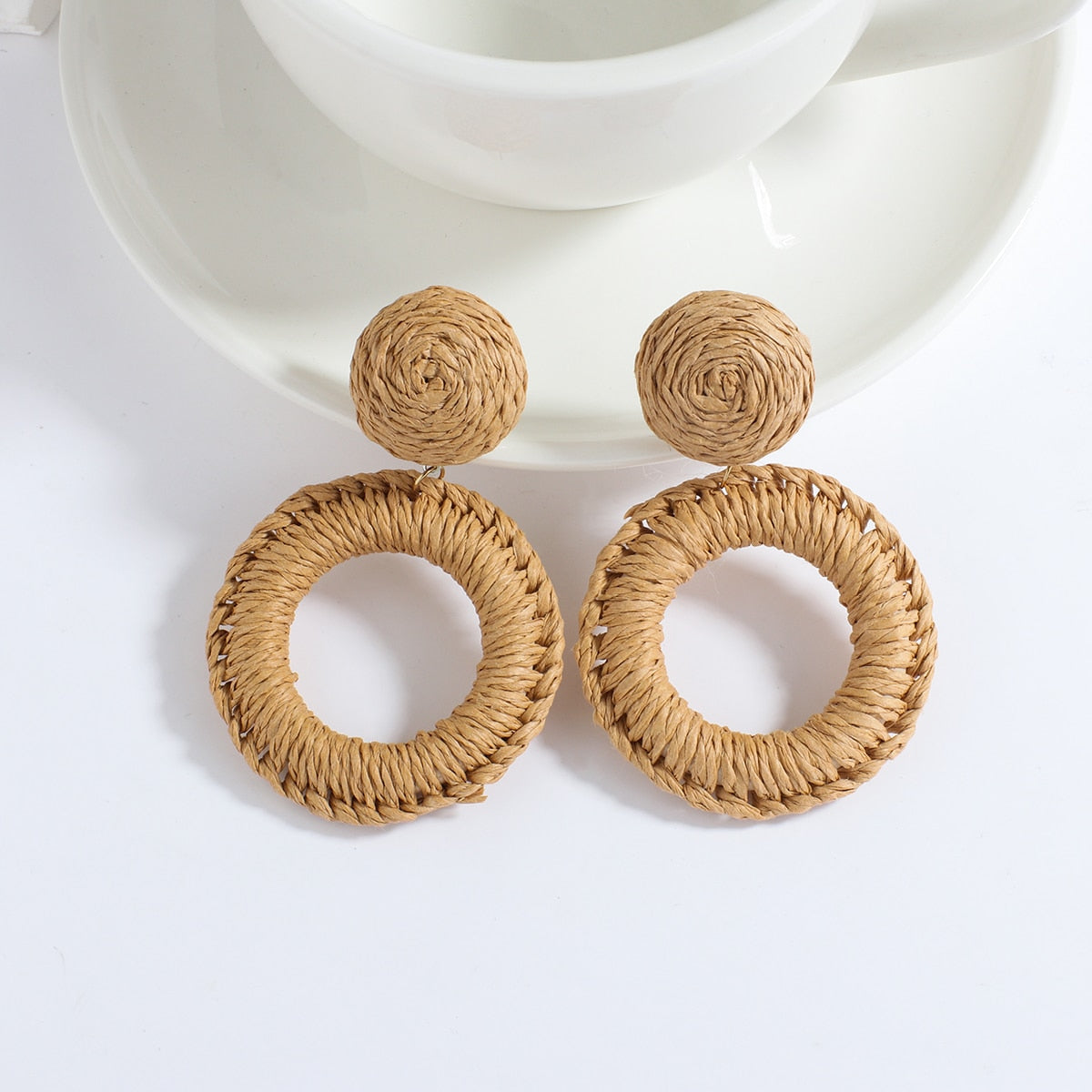 Wooden Beads and Rattan Boho Earrings