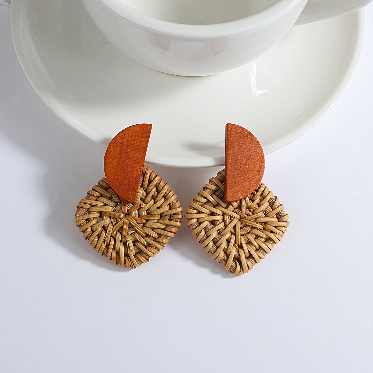 Wooden Beads and Rattan Boho Earrings