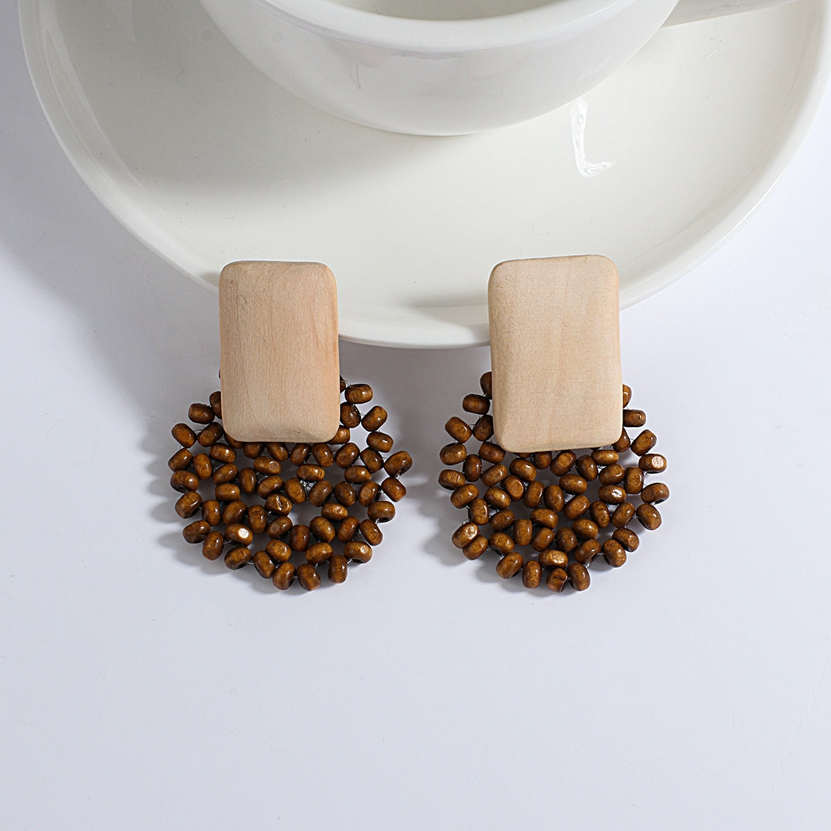 Wooden Beads and Rattan Boho Earrings