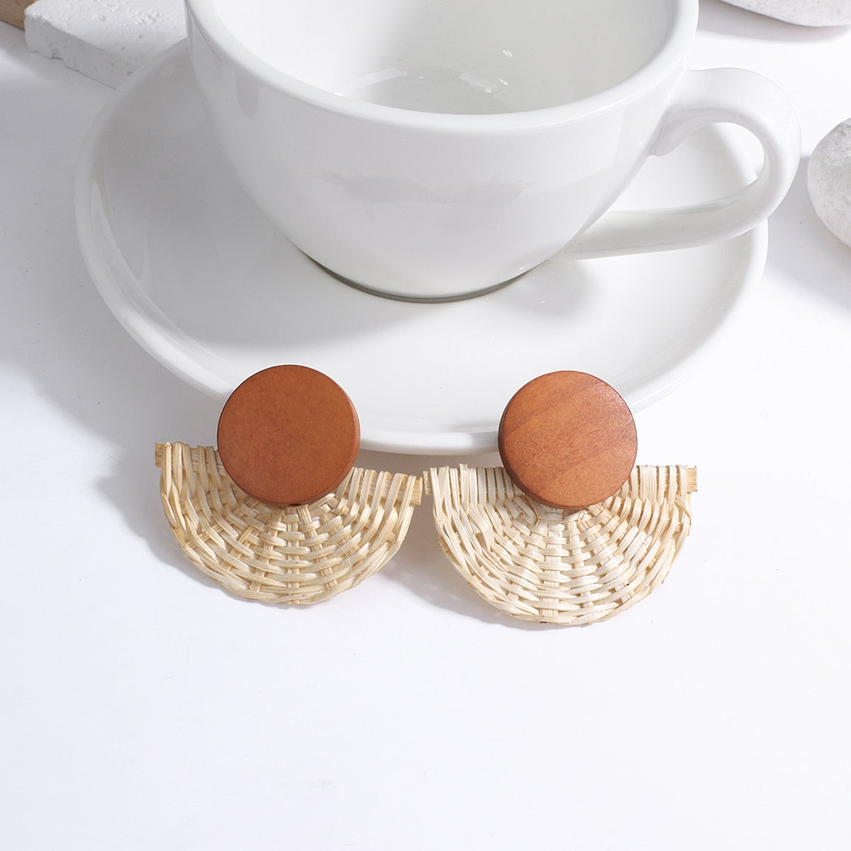 Wooden Beads and Rattan Boho Earrings
