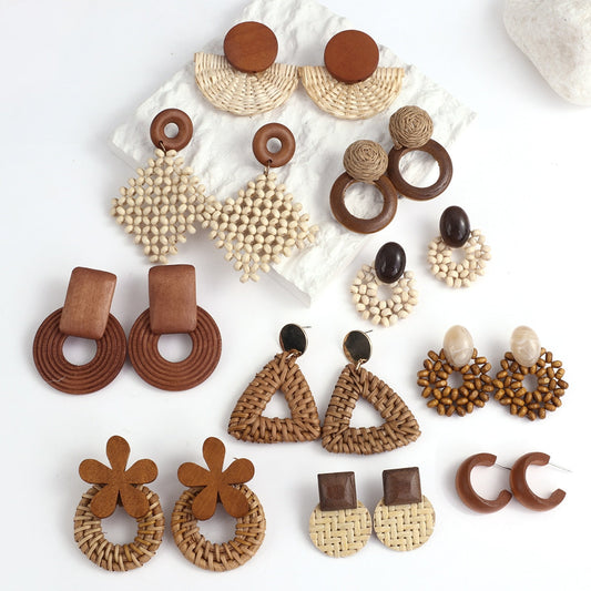 Wooden Beads and Rattan Boho Earrings