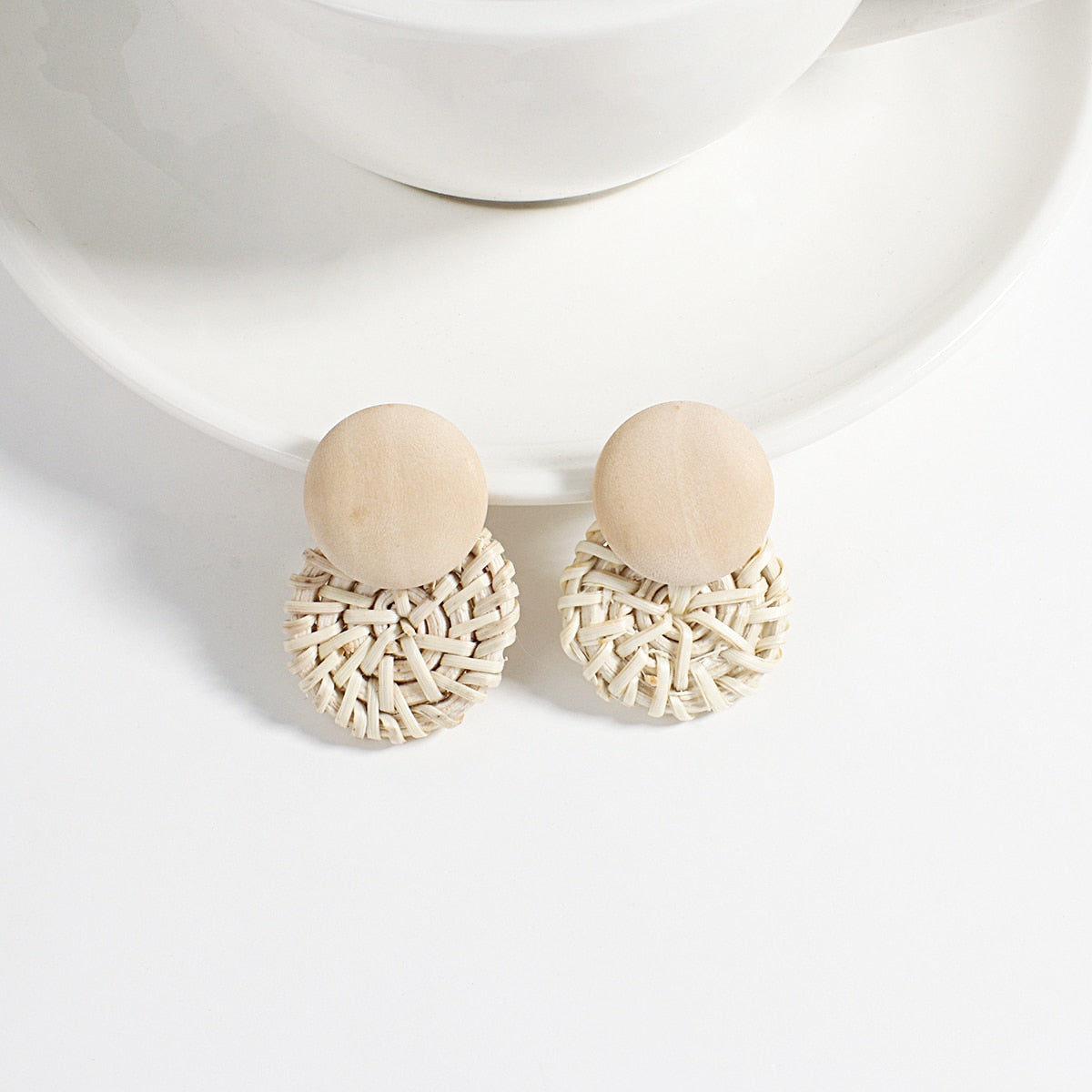 Wooden Beads and Rattan Boho Earrings