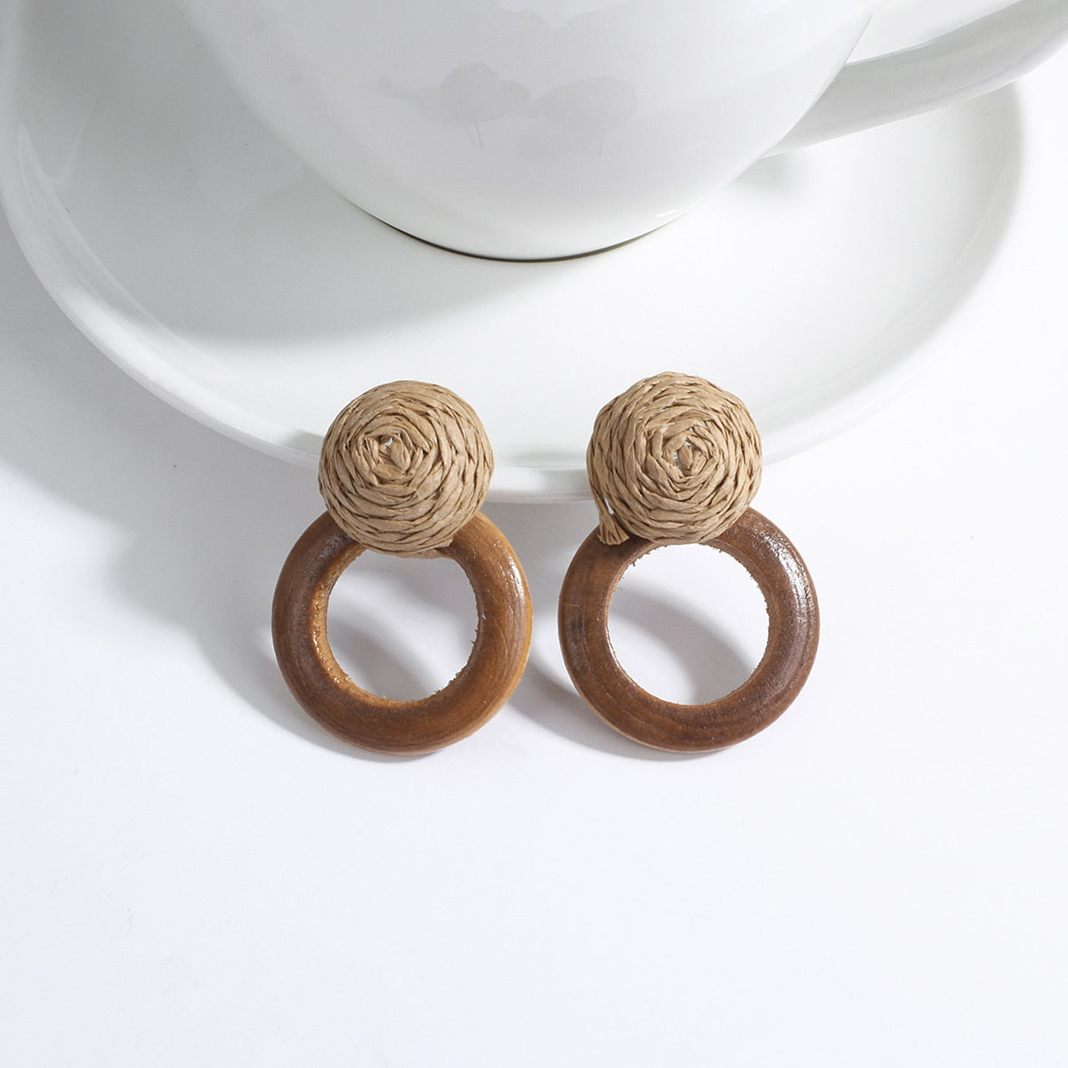 Wooden Beads and Rattan Boho Earrings