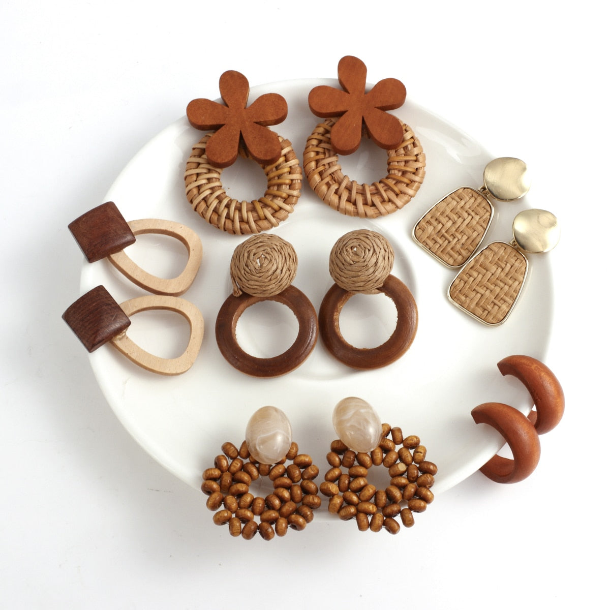 Wooden Beads and Rattan Boho Earrings