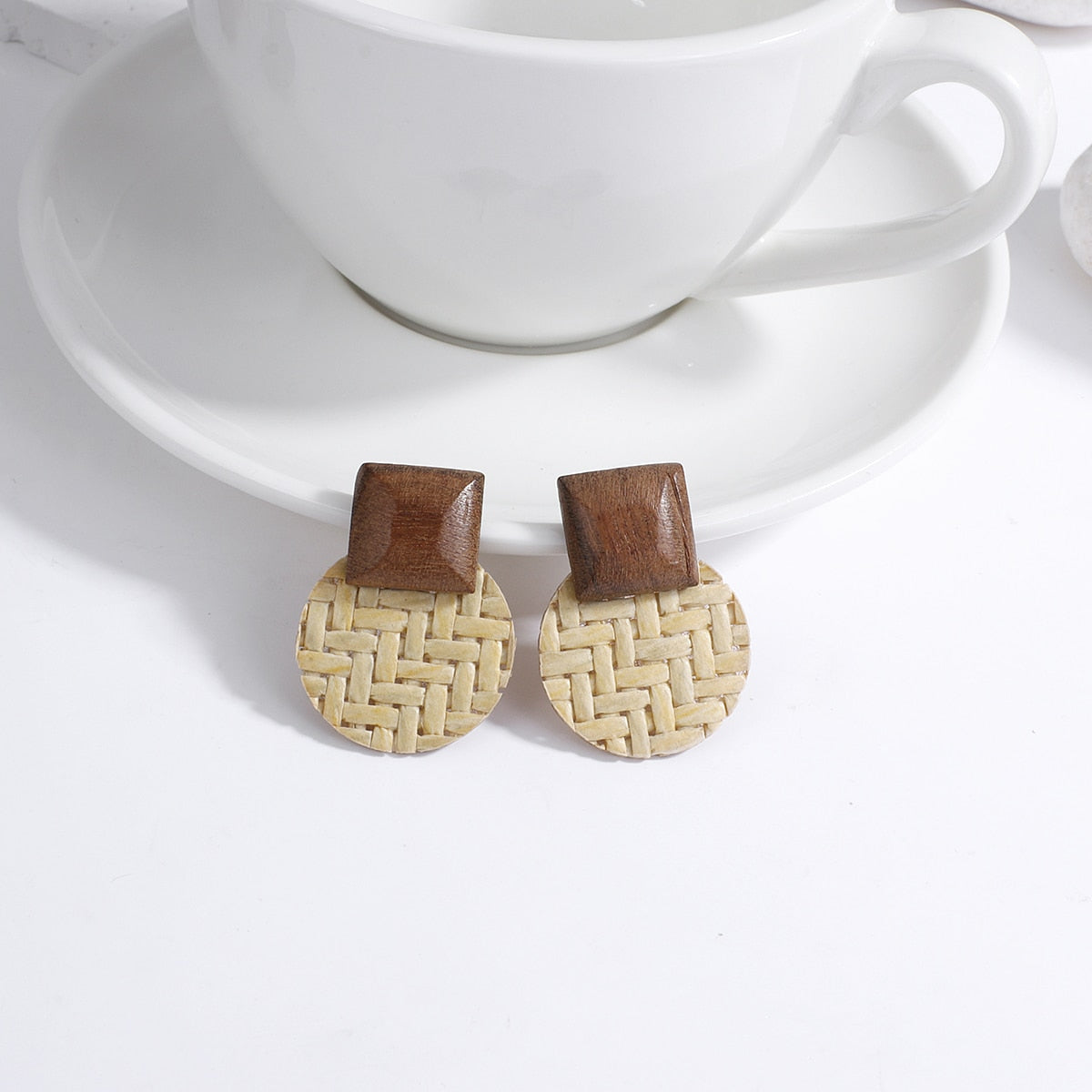 Wooden Beads and Rattan Boho Earrings