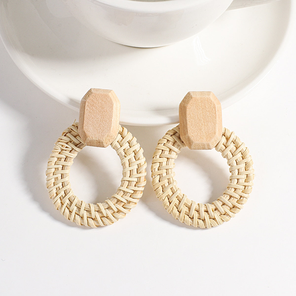 Wooden Beads and Rattan Boho Earrings