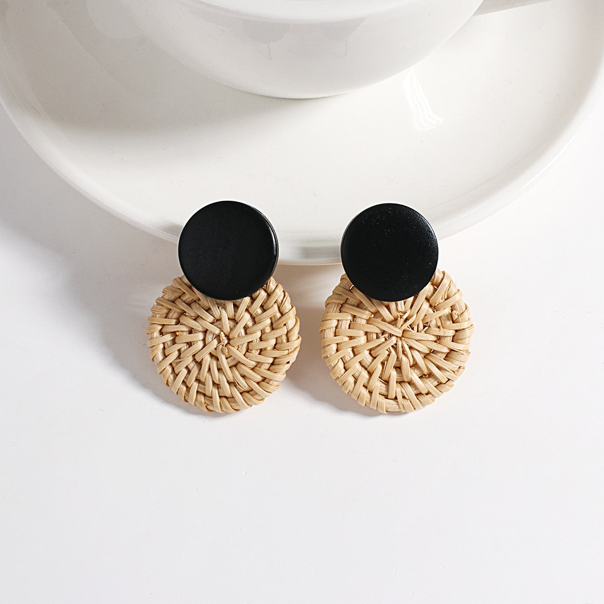 Wooden Beads and Rattan Boho Earrings