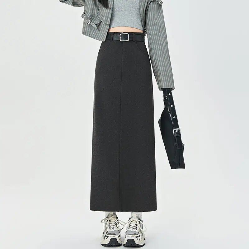 Woolen Autumn Winter High-waist Slim Fit Straight Hip-hugging Skirt