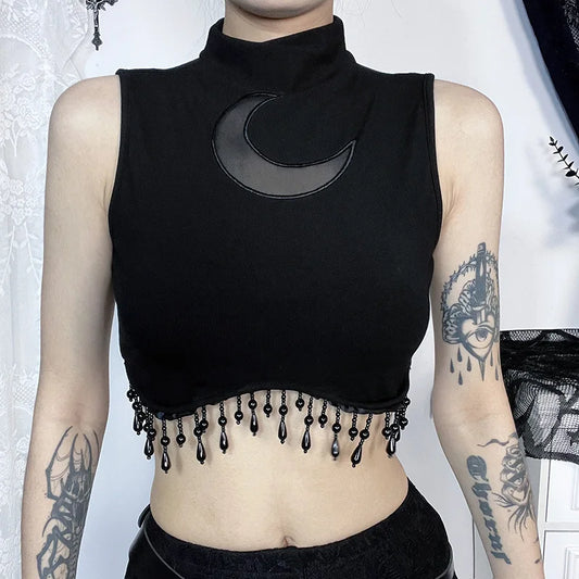 Y2K Goth Moon Lace See Through Vintage High Collar Sleeveless Tassels Crop Top