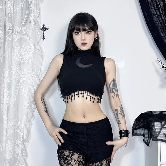 Vintage Goth Moon Lace See Through Sleeveless Crop Top