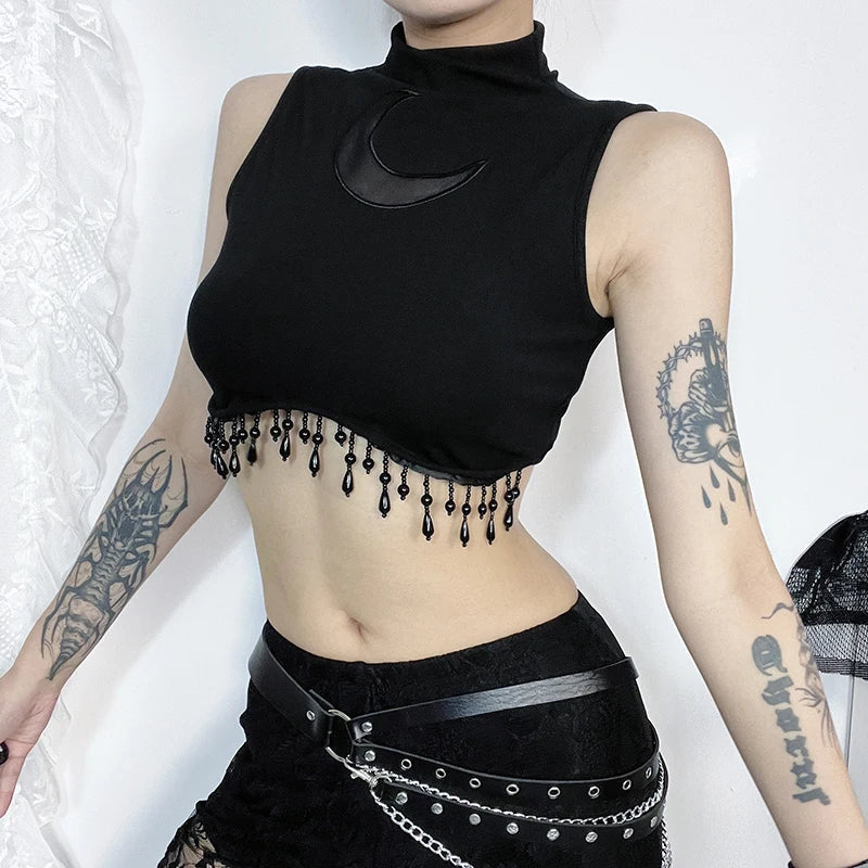 Vintage Goth Moon Lace See Through Sleeveless Crop Top