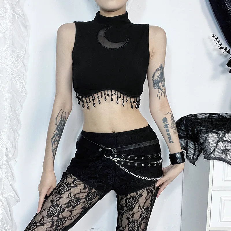 Y2K Goth Moon Lace See Through Vintage High Collar Sleeveless Tassels Crop Top