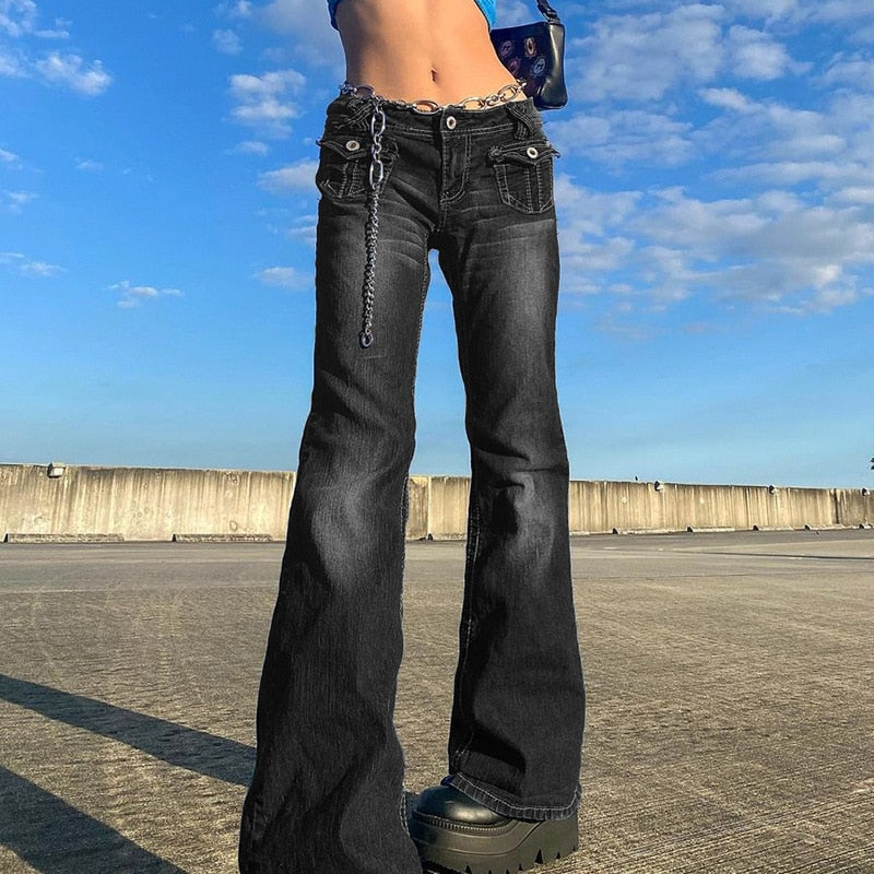 Y2K Jeans Low Rise Trousers Blue Vintage Gothic Print Baggy Casual Wide Leg Denim Aesthetic
