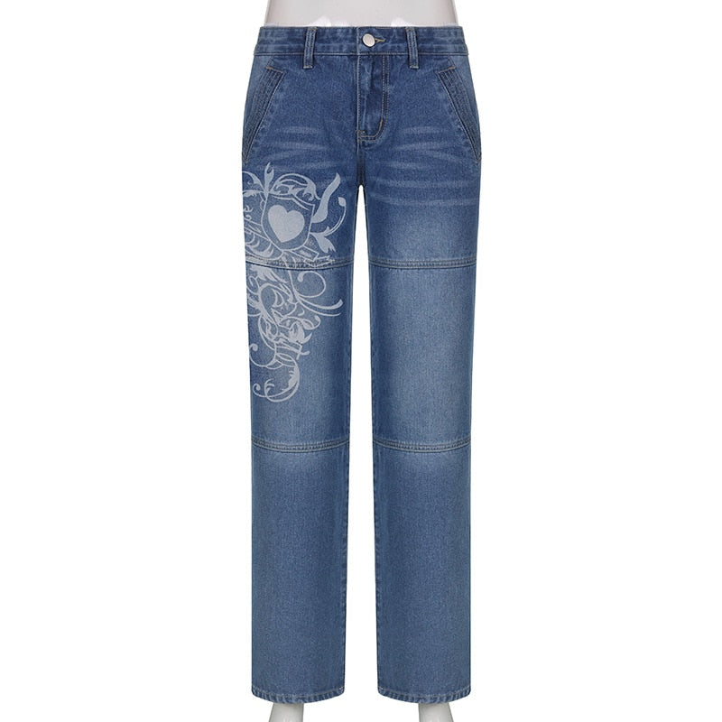 Y2K Jeans Low Rise Trousers Blue Vintage Gothic Print Baggy Casual Wide Leg Denim Aesthetic