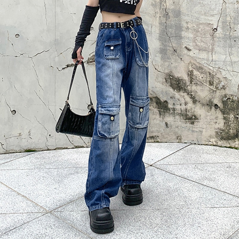 Y2K Jeans Low Rise Trousers Blue Vintage Gothic Print Baggy Casual Wide Leg Denim Aesthetic
