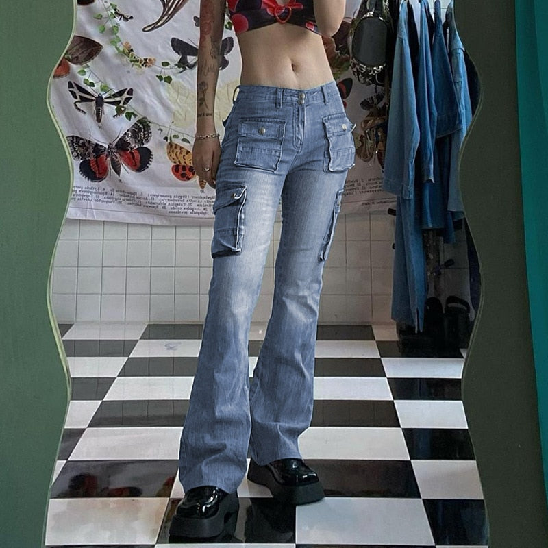 Y2K Jeans Low Rise Trousers Blue Vintage Gothic Print Baggy Casual Wide Leg Denim Aesthetic
