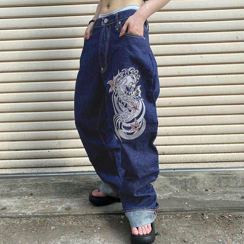 Y2K Jeans Low Rise Trousers Blue Vintage Gothic Print Baggy Casual Wide Leg Denim Aesthetic