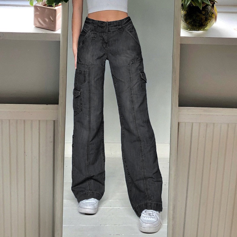 Y2K Jeans Low Rise Trousers Blue Vintage Gothic Print Baggy Casual Wide Leg Denim Aesthetic