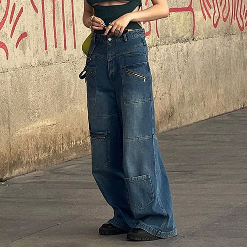 Y2K Jeans Low Rise Trousers Blue Vintage Gothic Print Baggy Casual Wide Leg Denim Aesthetic
