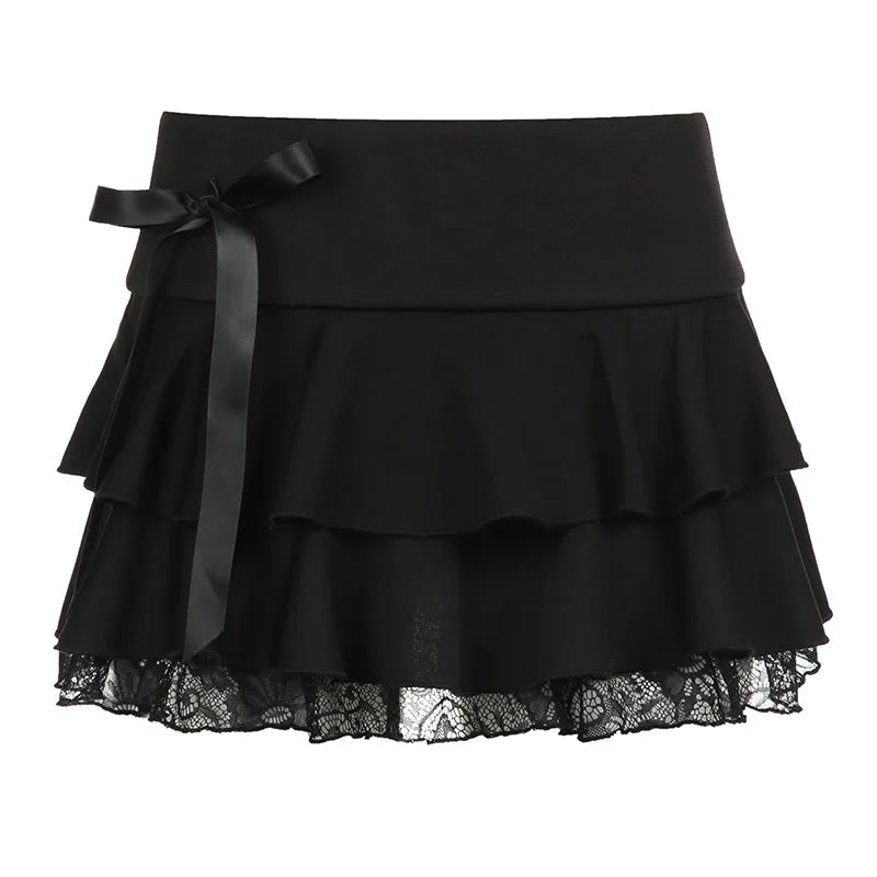 Y2k Bow Lace Trim A-line Party Mini Mall Gothic Ruffles Low Waist Black Lolita Fashion Skirt