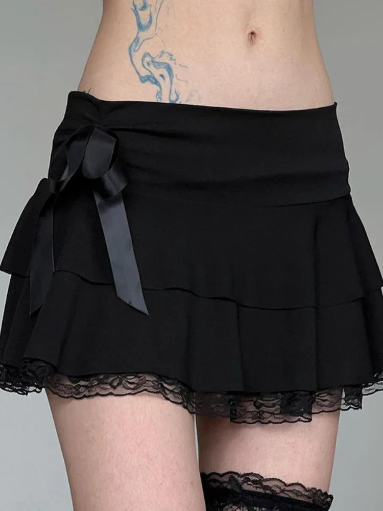 Y2k Bow Lace Trim A-line Party Mini Mall Gothic Ruffles Low Waist Black Lolita Fashion Skirt