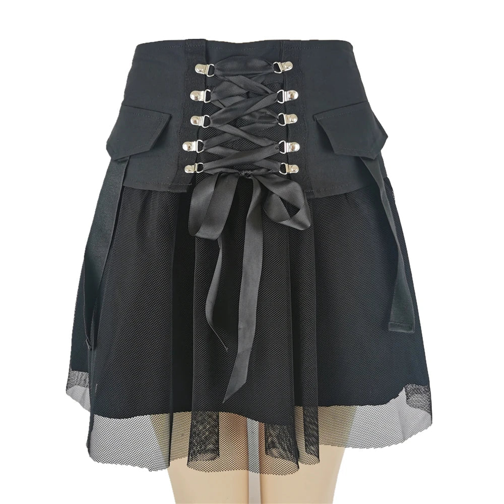 Y2k Vintage Dark Straps Female Style Ladies Harajuku Mesh Summer Streetwear Black High Waist A-Line Skirt