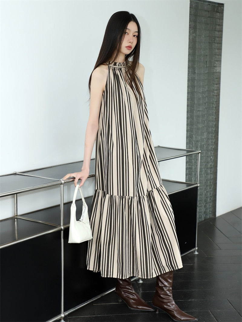 Yejin Vetical Stripe Halter Maxi Dress